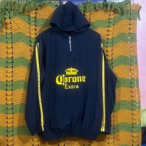 Vintage Corona Extra Navy Half-Zip Windbreaker Hoodie Yellow Stripes